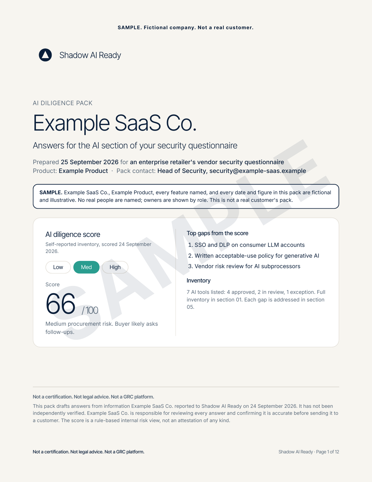 Sample AI Diligence Pack cover with score card